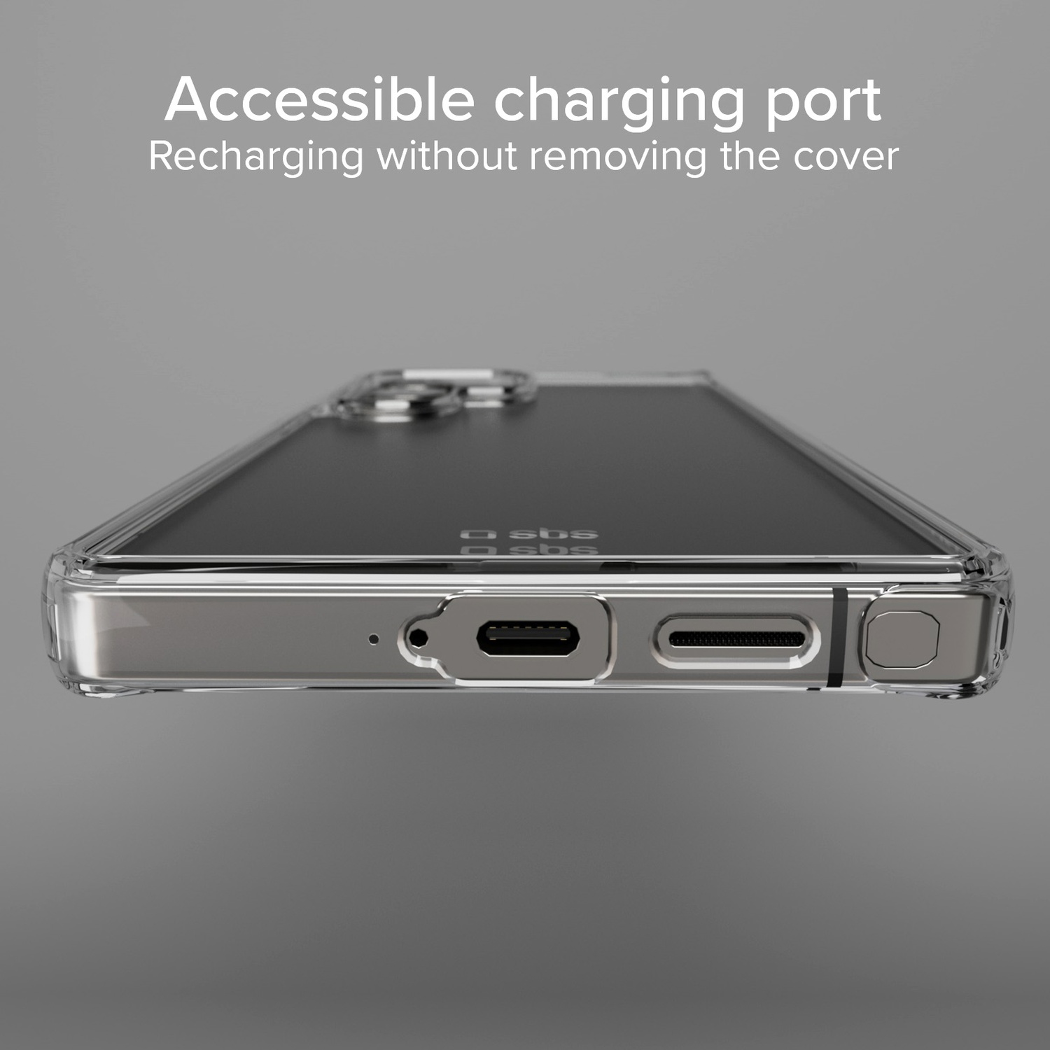 Une coque transparente avec port de charge accessible sur fond gris. Texte : 'Port de charge accessible'.