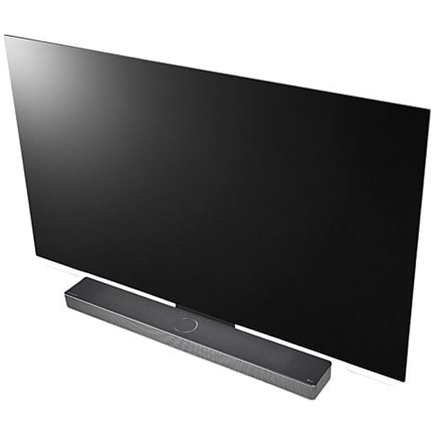Un grand téléviseur noir avec une barre de son assortie en dessous. L'écran est sombre, la barre de son est grise.