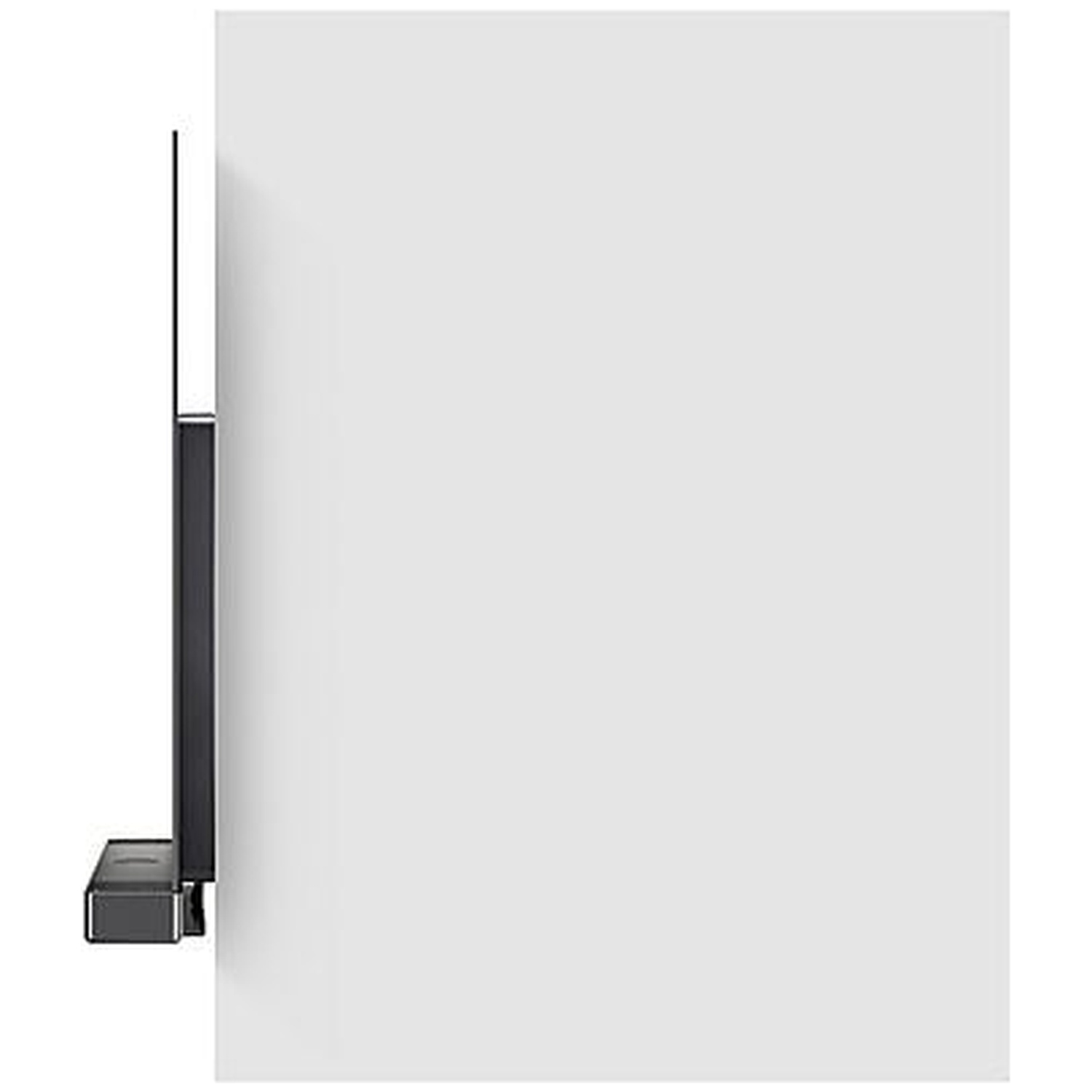 Une barre de son noire et une fine télévision noire sont montées sur un mur blanc.