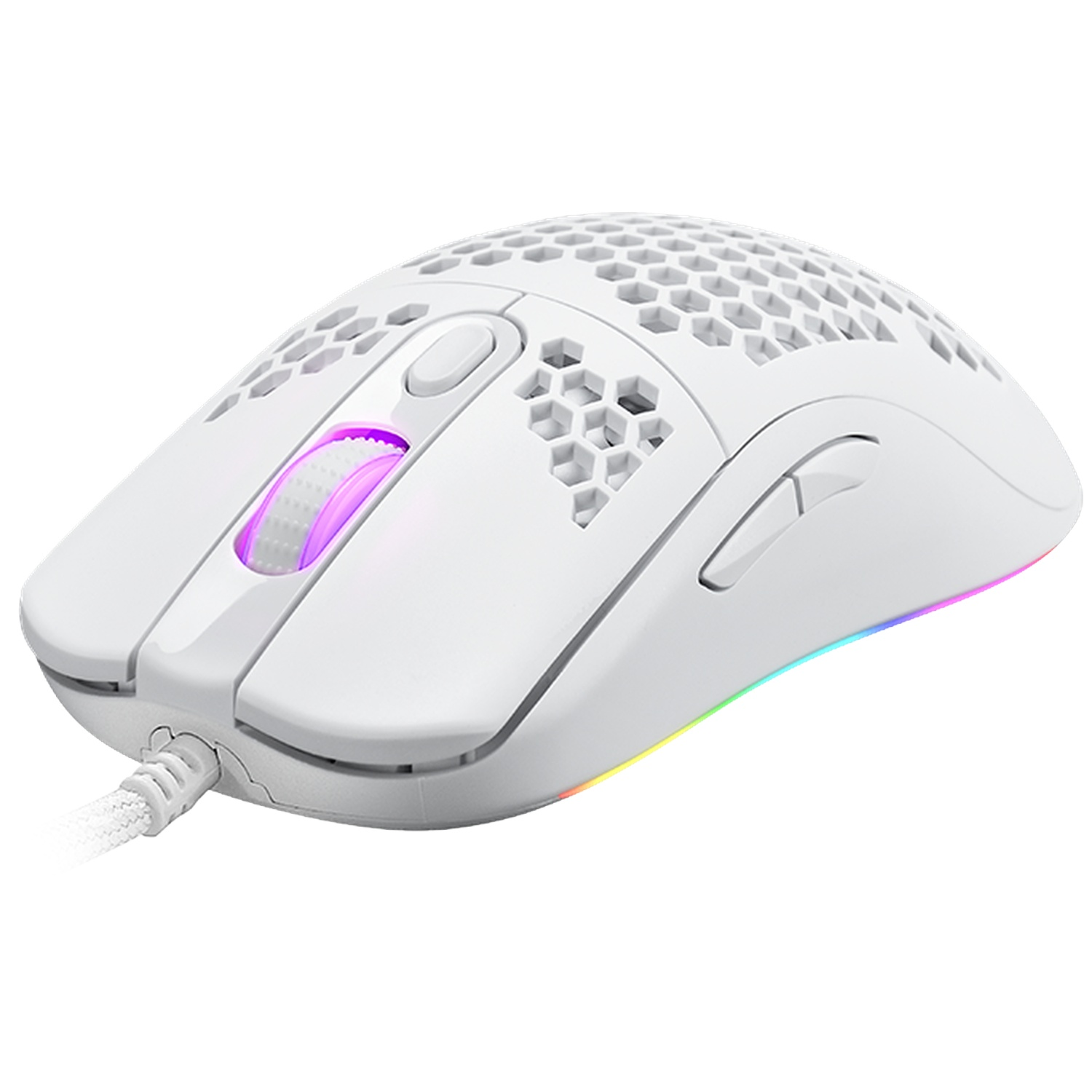 Een witte gamingmuis met een honingraatontwerp, een oplichtend scrollwiel en een veelkleurige LED-strip langs de onderrand.