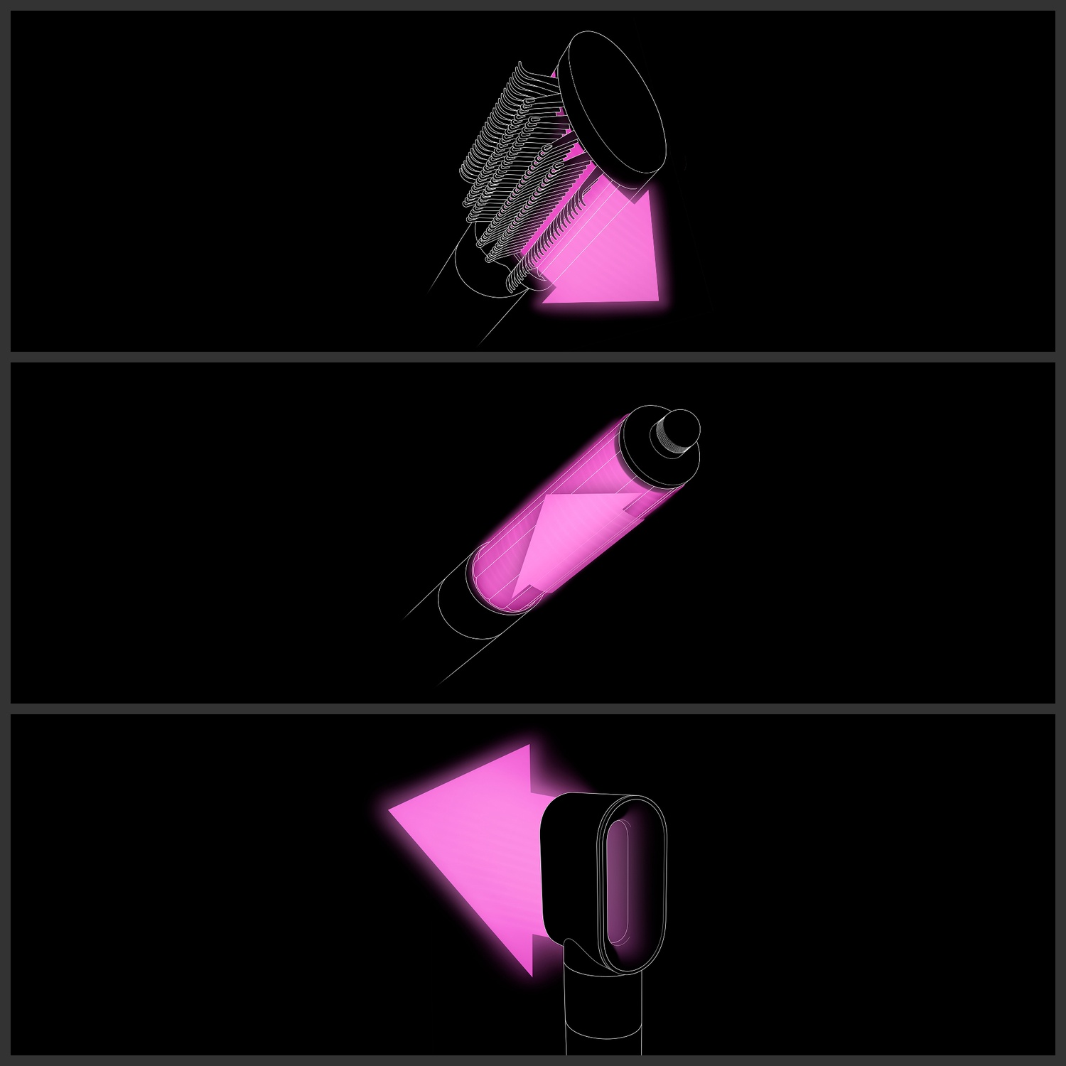 Diagram showing a hair styling tool. Sections show components with pink arrows indicating airflow direction, against a black background.