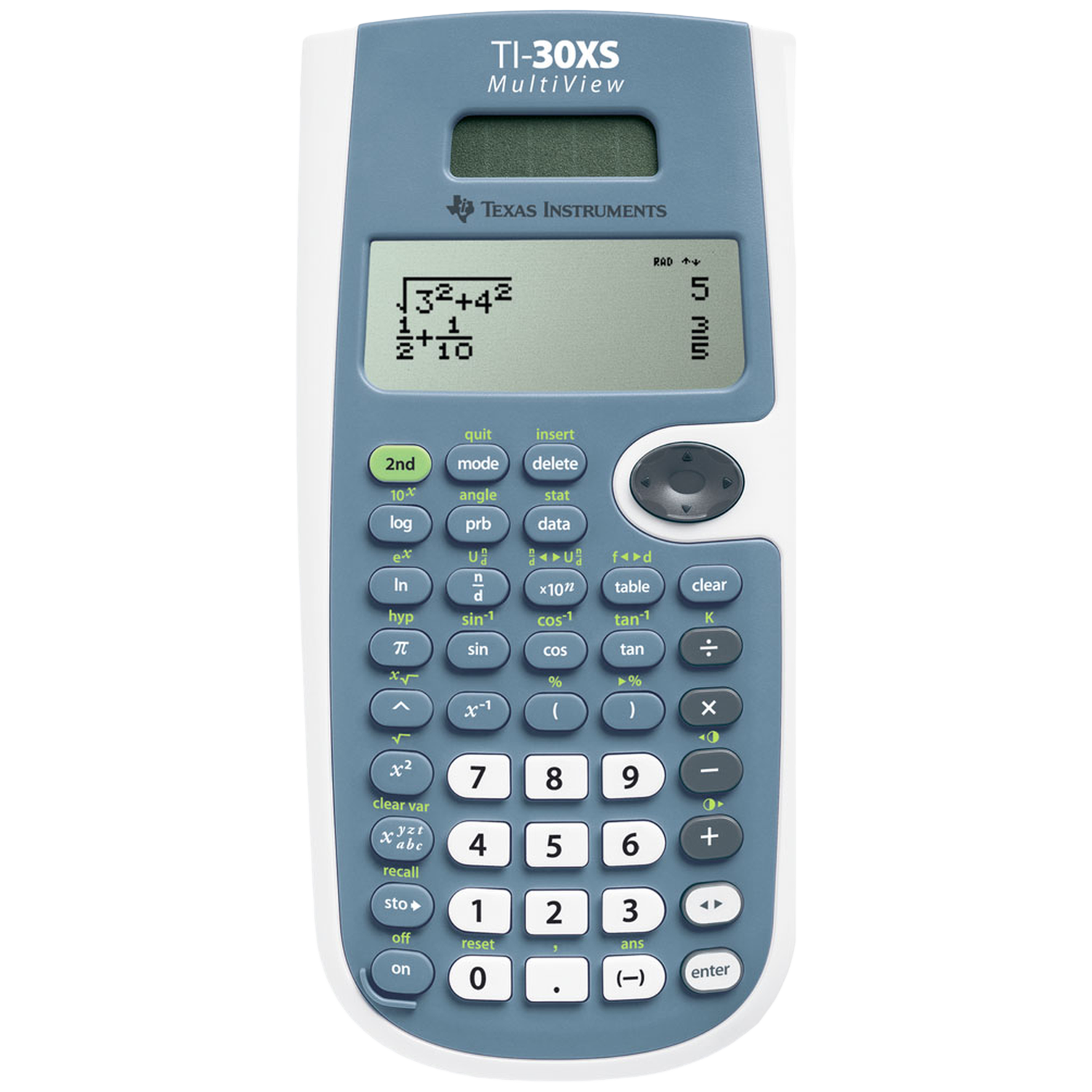 Une calculatrice TI-30XS MultiView avec des chiffres et des boutons. L'écran affiche une expression mathématique. La calculatrice est bleue et blanche.