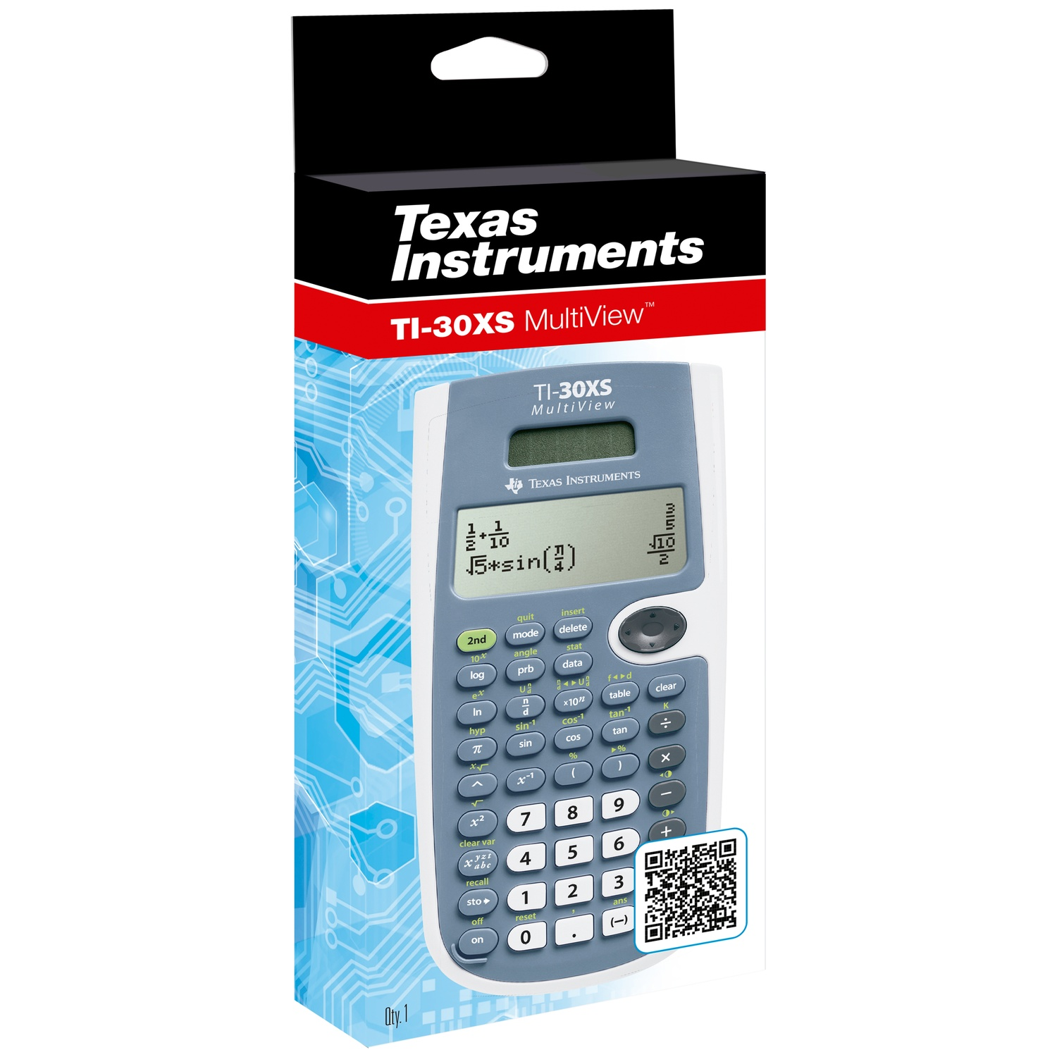 Une calculatrice TI-30XS MultiView dans sa boîte. La boîte est bleue et blanche, avec la calculatrice visible. Il y a un code QR sur le devant.
