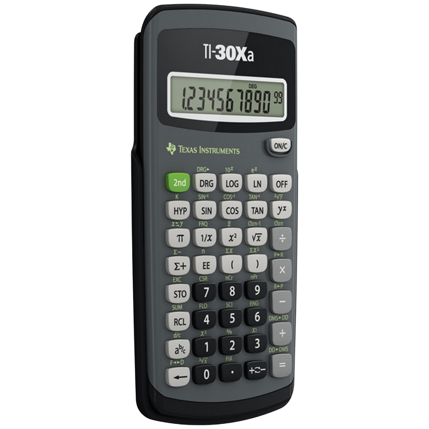 A gray TI-30Xa scientific calculator displays numbers on screen. Buttons are labeled with math functions and numbers.