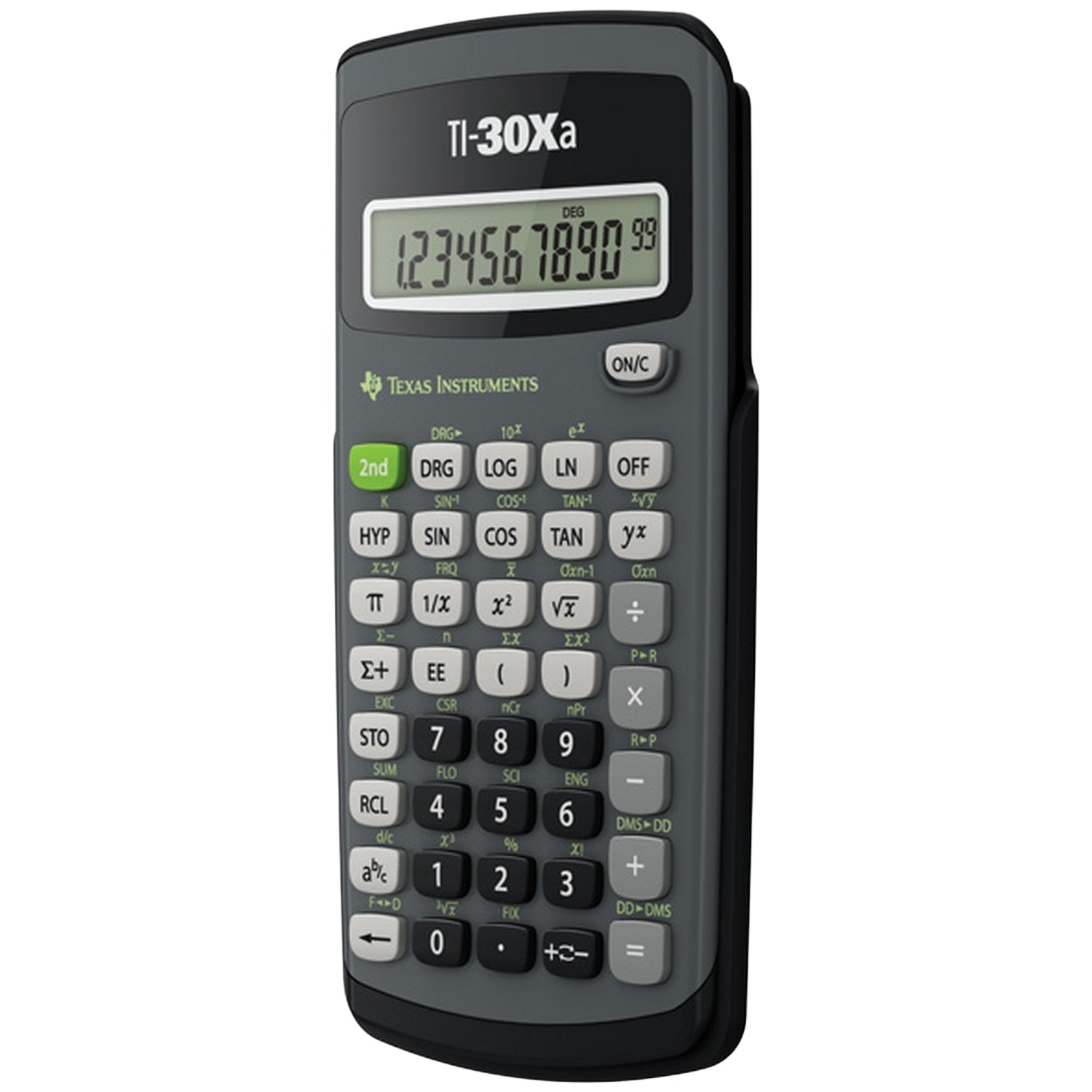 A TI-30Xa calculator with a black and gray design, displaying the number 1234567890.99 on the screen.