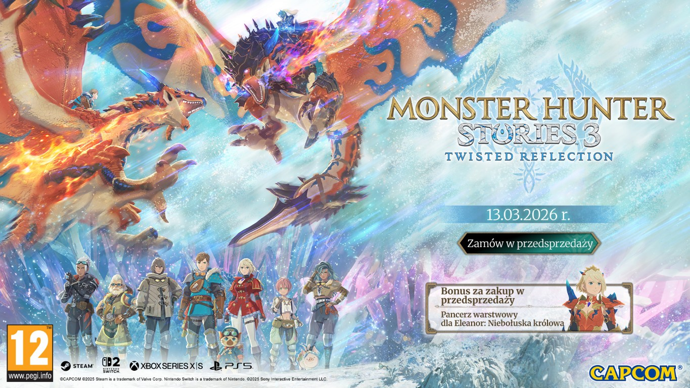 Plakat Monster Hunter Stories 3. Smoki, postacie i logo. Data premiery: 13 marca 2026 r. Szczegóły bonusu za zamówienie.