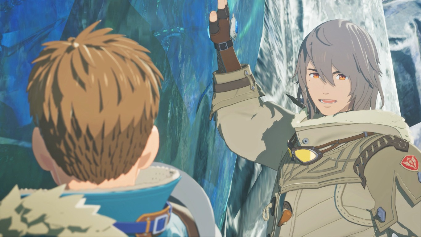 Dwie postacie z anime stoją blisko niebieskiej lodowej ściany. Jeden wskazuje w górę, drugi na niego patrzy. Oboje noszą płaszcze.