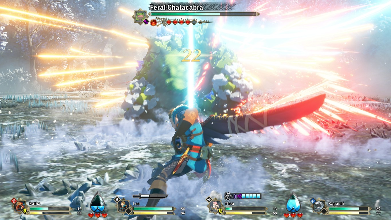 Postać z mieczem walczy z potworem. Widoczne są promienie światła i eksplozje. Potwór jest zielony i duży.