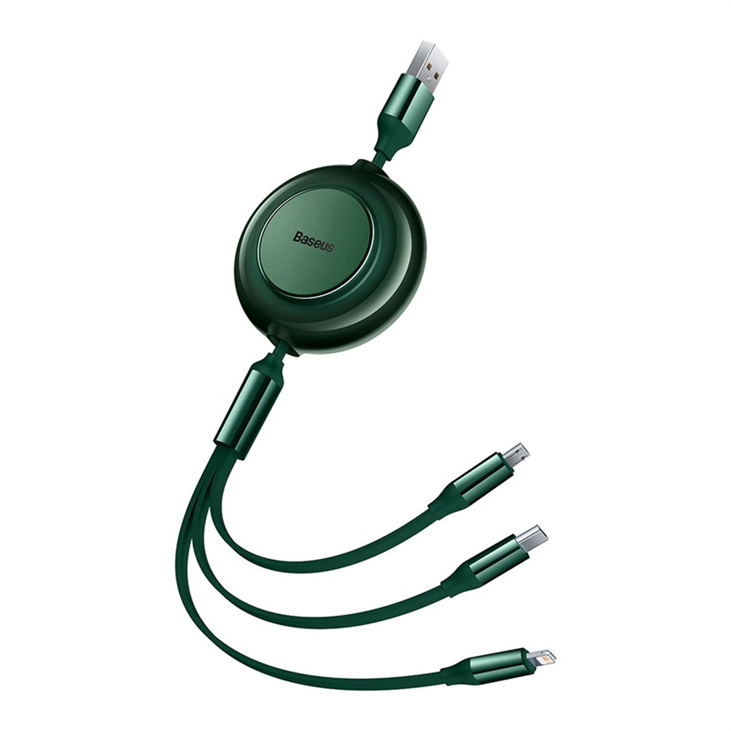 Cable retráctil verde Baseus con conectores USB, micro USB, USB-C y Lightning, sobre fondo blanco.