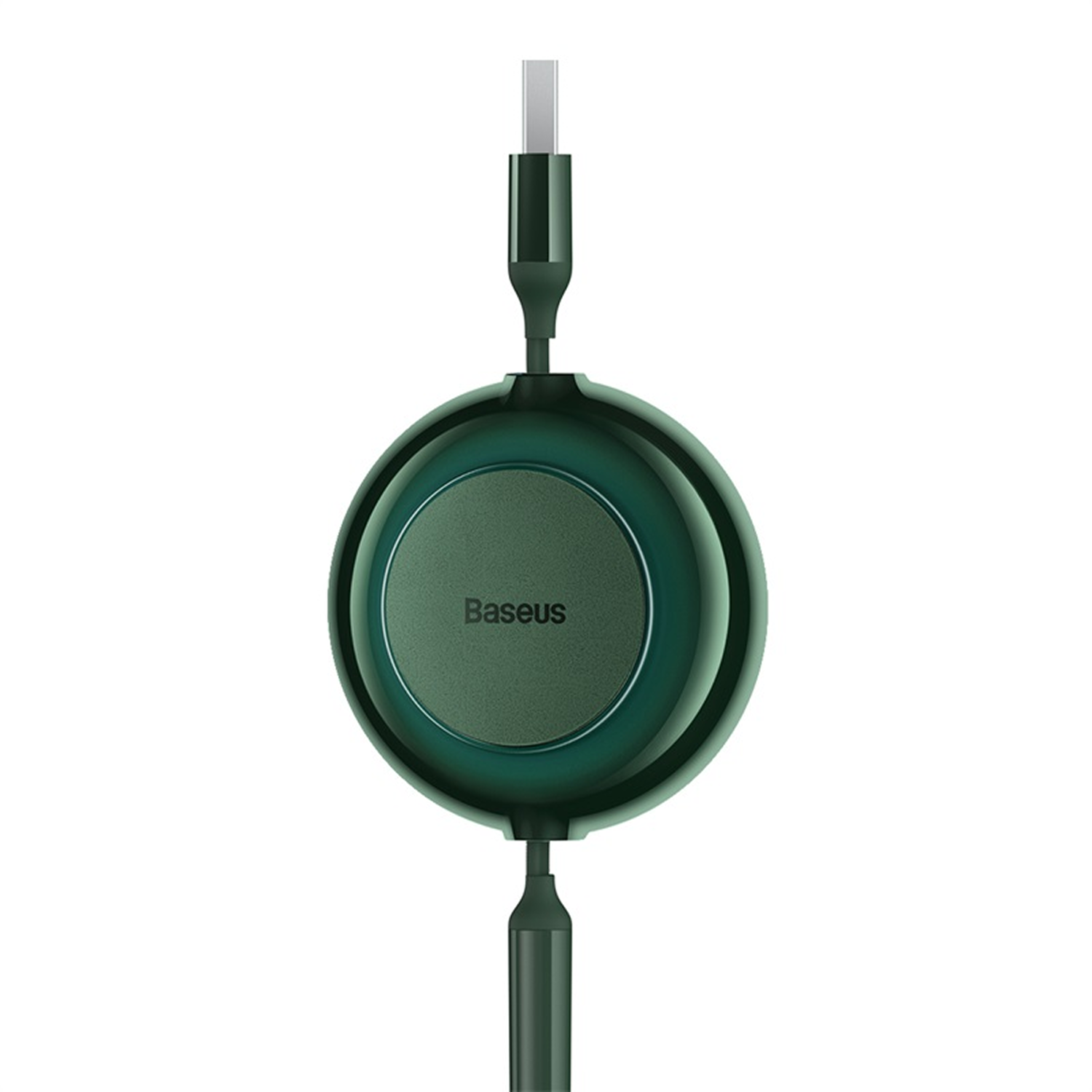 Un cable de carga retráctil Baseus verde. El cable tiene una carcasa redonda de color verde oscuro. Los conectores están en ambos extremos.
