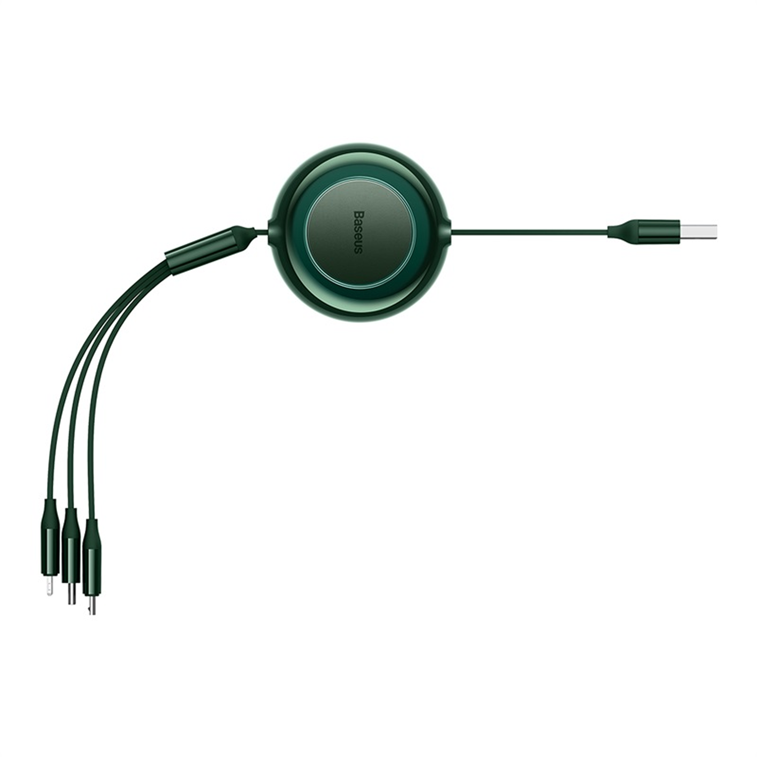 Un cable de carga retráctil Baseus verde. Tiene múltiples conectores y un USB-C. El fondo es blanco.