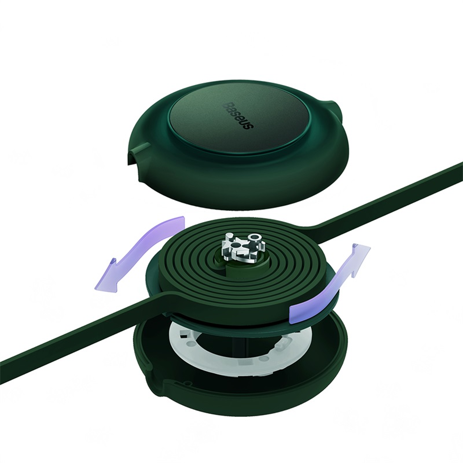 Cargador inalámbrico Baseus verde oscuro, desmontado. Muestra la bobina, flechas que indican el montaje y la parte superior del cargador.