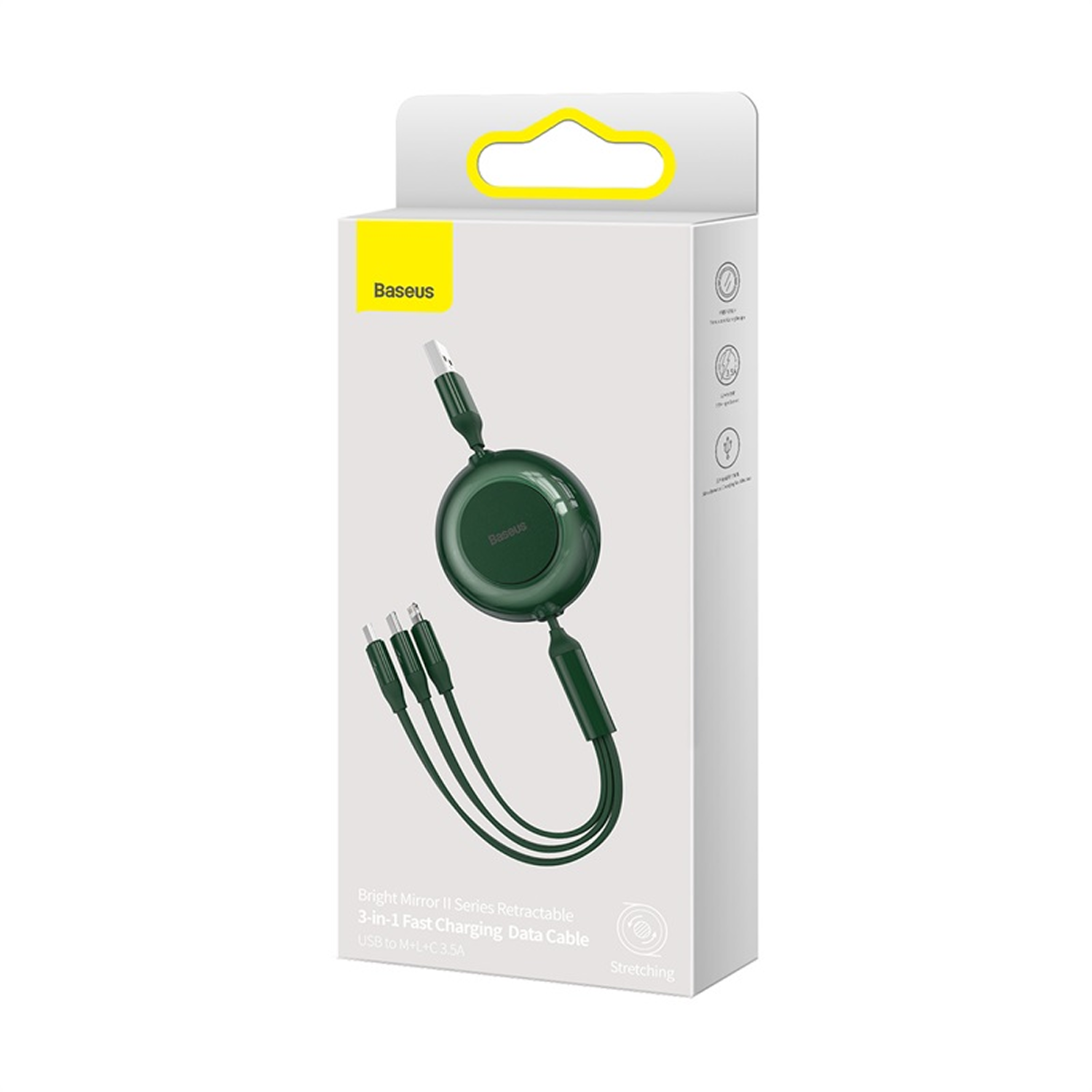 Cable de carga Baseus 3 en 1 en caja. Cable y conectores verde oscuro, caja blanca con detalles amarillos y texto.