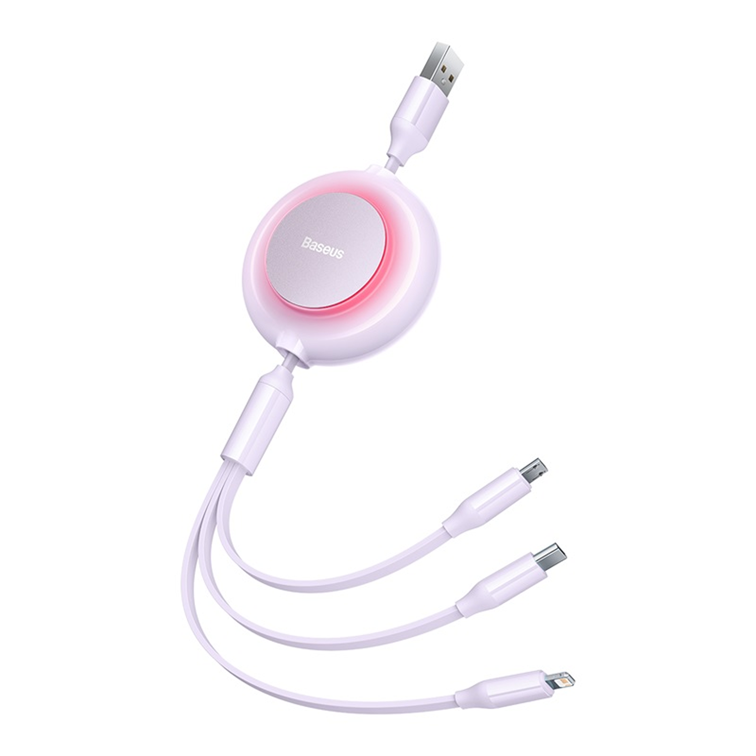 Un cargador multicable Baseus blanco y morado. Tiene un concentrador central con USB y múltiples conectores de carga.