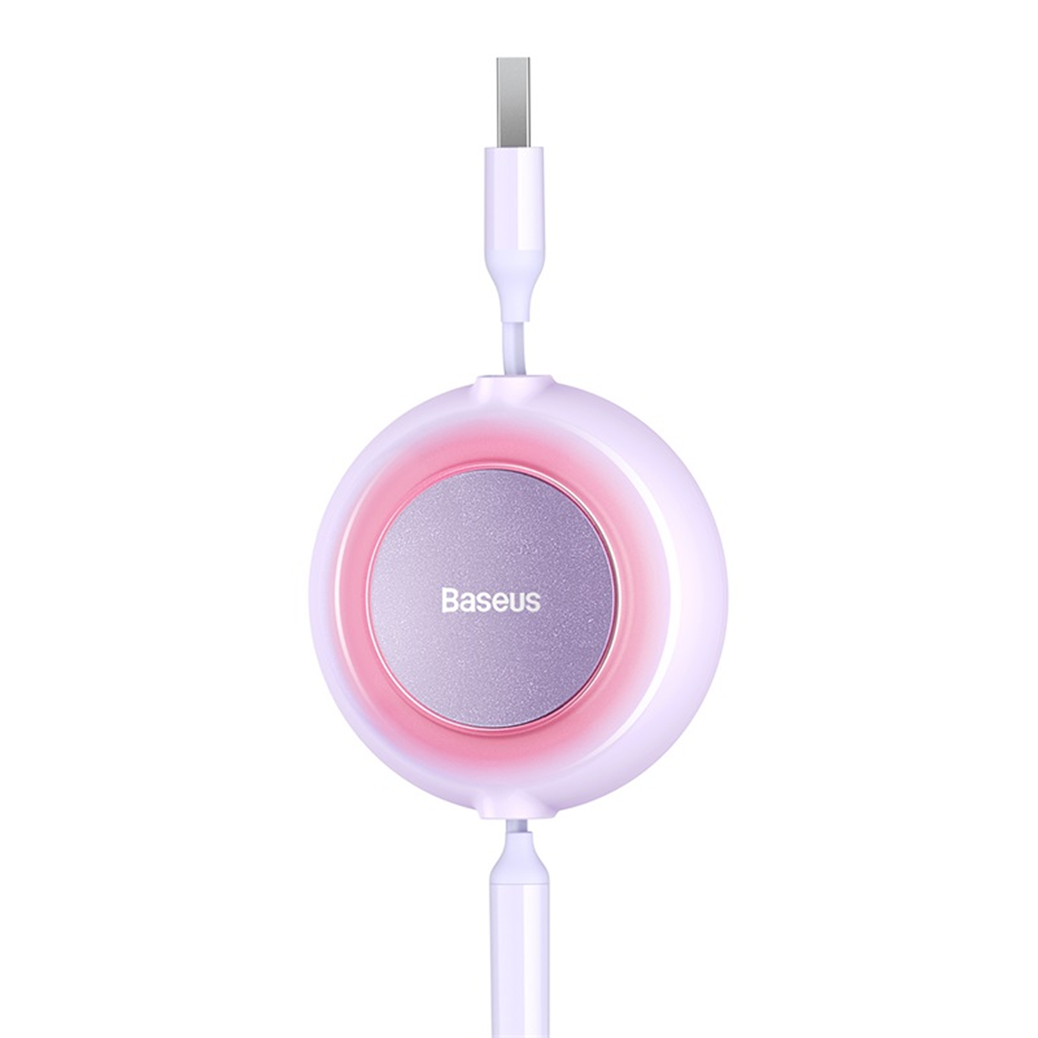 Se muestra un cable USB Baseus blanco y morado. El cable tiene un diseño circular con una luz rosa brillante.