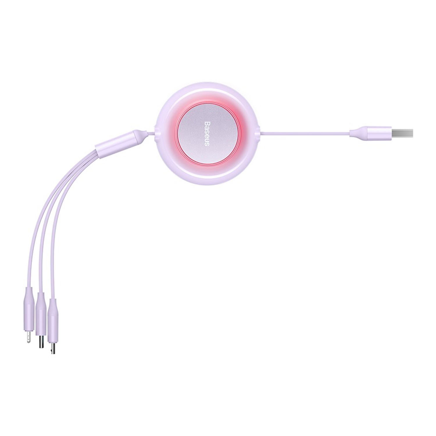 Un cable retráctil Baseus, con USB y conectores de audio. El cuerpo principal es blanco con una luz rosa. Los cables son de color lila claro.