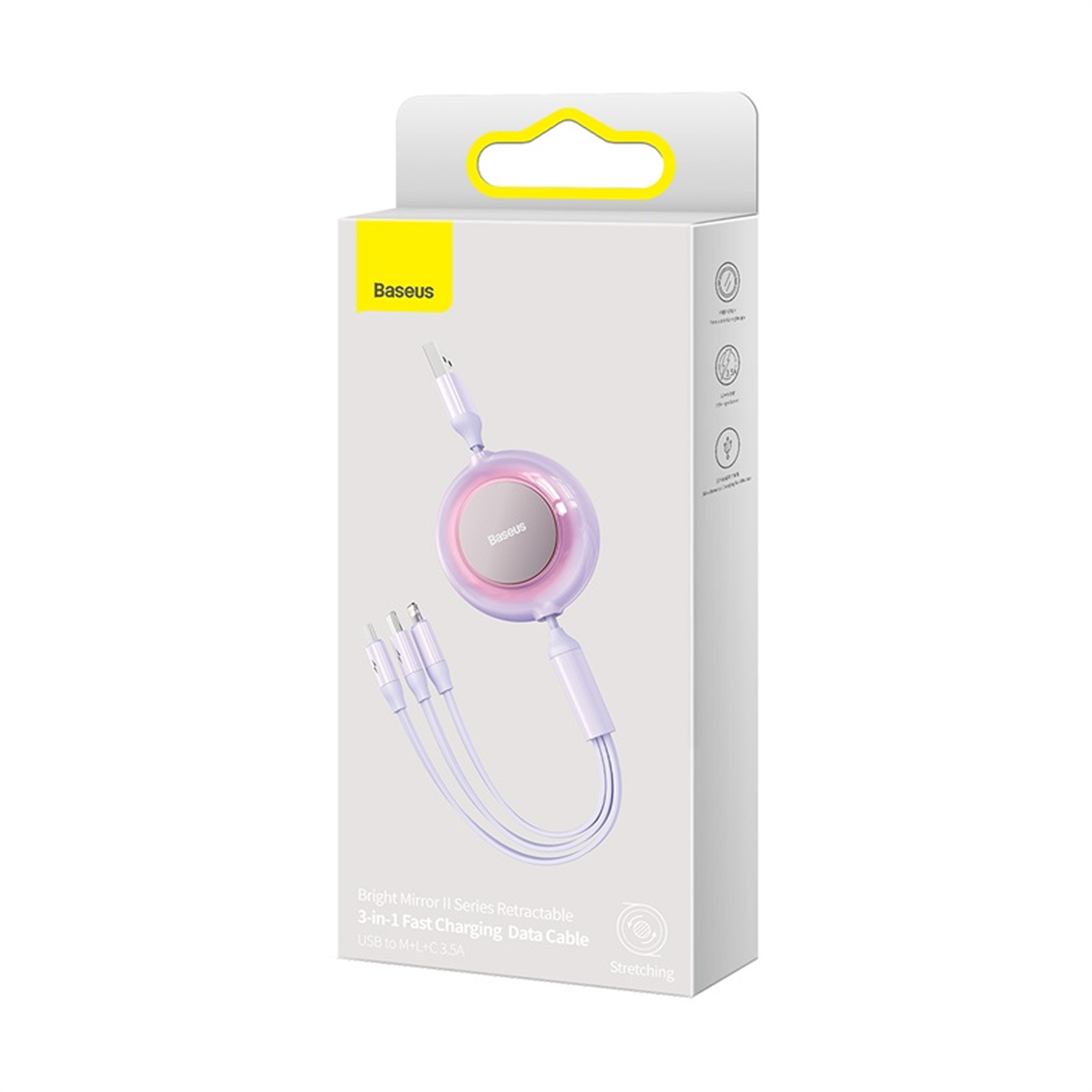 Una caja blanca con un cable de carga retráctil Baseus. El cable es morado y tiene tres conectores. La caja dice 'Bright Mirror II'.