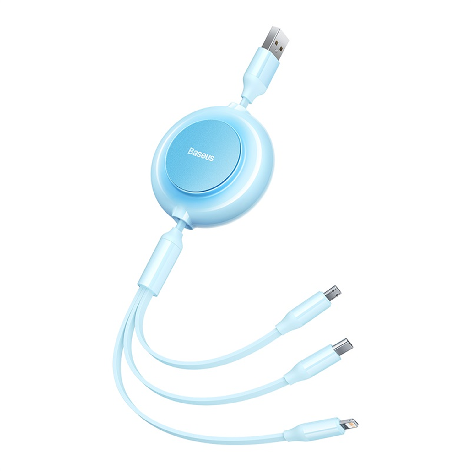Un cable USB Baseus azul claro con múltiples conectores: USB-A, Micro-USB, USB-C y Lightning, con un diseño retráctil.