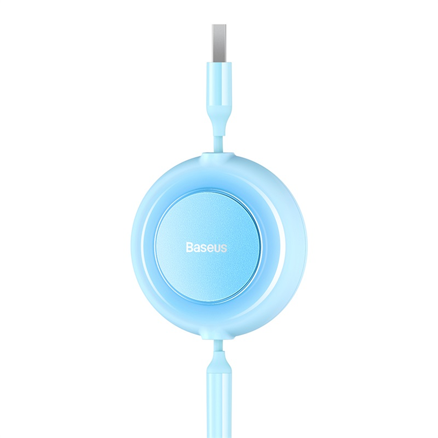 Un cable de carga retráctil Baseus azul claro. El cable es circular con el nombre de la marca. Extremos USB-C y USB-A.