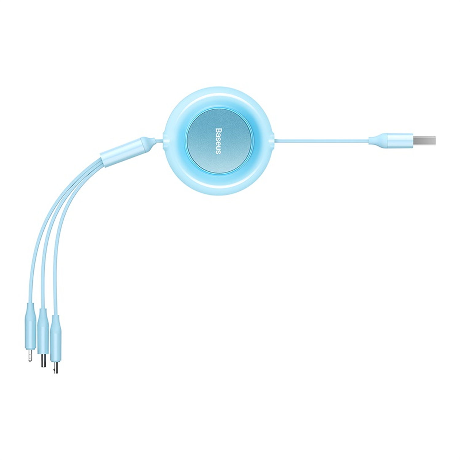 Un adaptador de cable múltiple Baseus azul claro. Tiene múltiples conectores, incluidos puertos USB y aux. Fondo blanco.