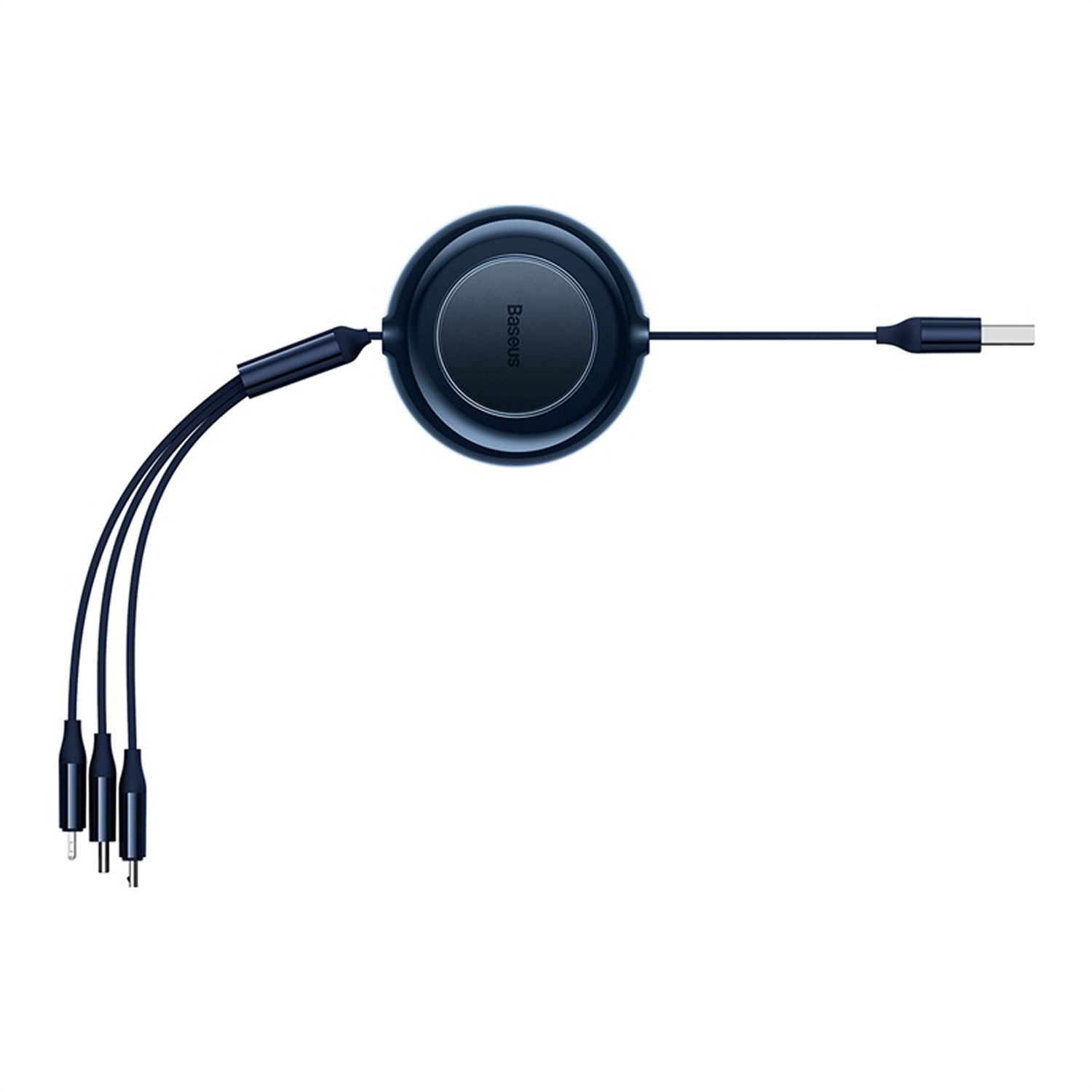 Cable retráctil azul Baseus. Tiene múltiples conectores, incluido USB-C. Fondo blanco.