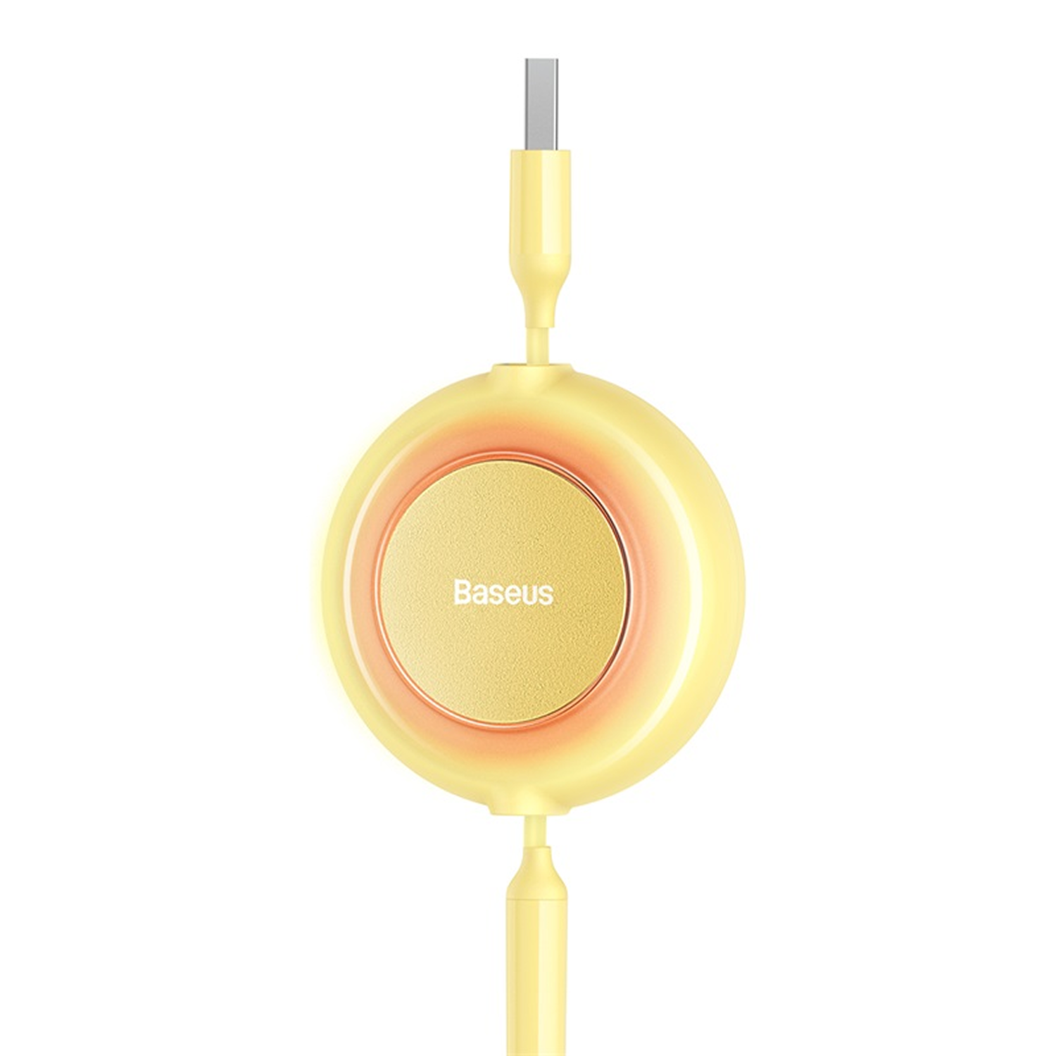 Un carrete de cable Baseus amarillo. Tiene forma redonda con un círculo central. El cable está conectado en ambos extremos.