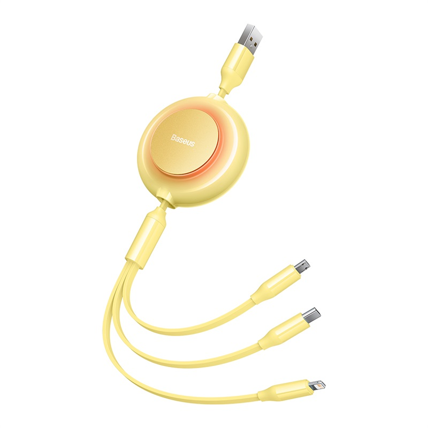 Cable de carga Baseus amarillo. Tiene un conector USB, una parte redonda con la marca y tres conectores de salida diferentes.