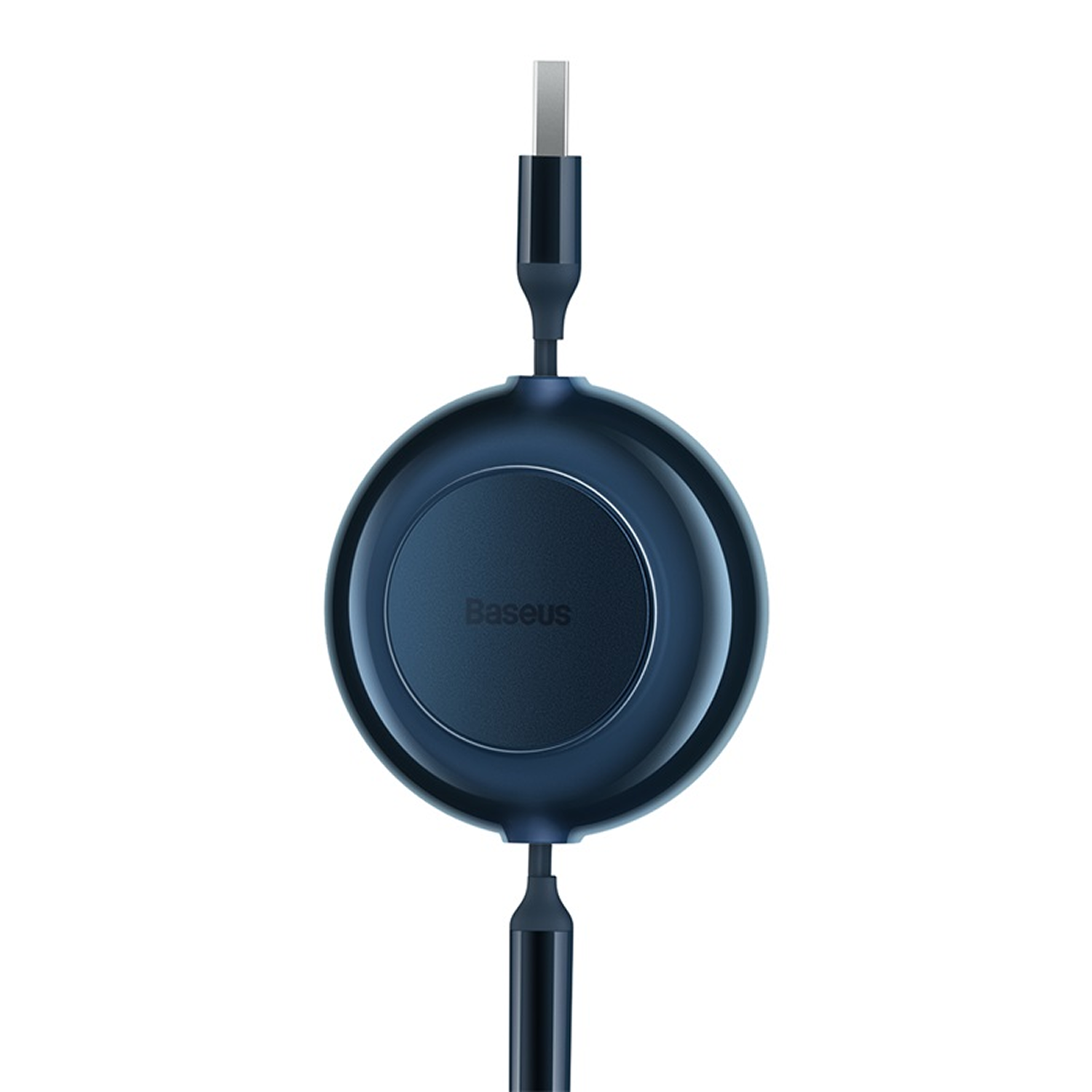 Un carrete de cable Baseus azul, con conectores en ambos extremos. El cable está retraído y la base tiene el logotipo de Baseus.