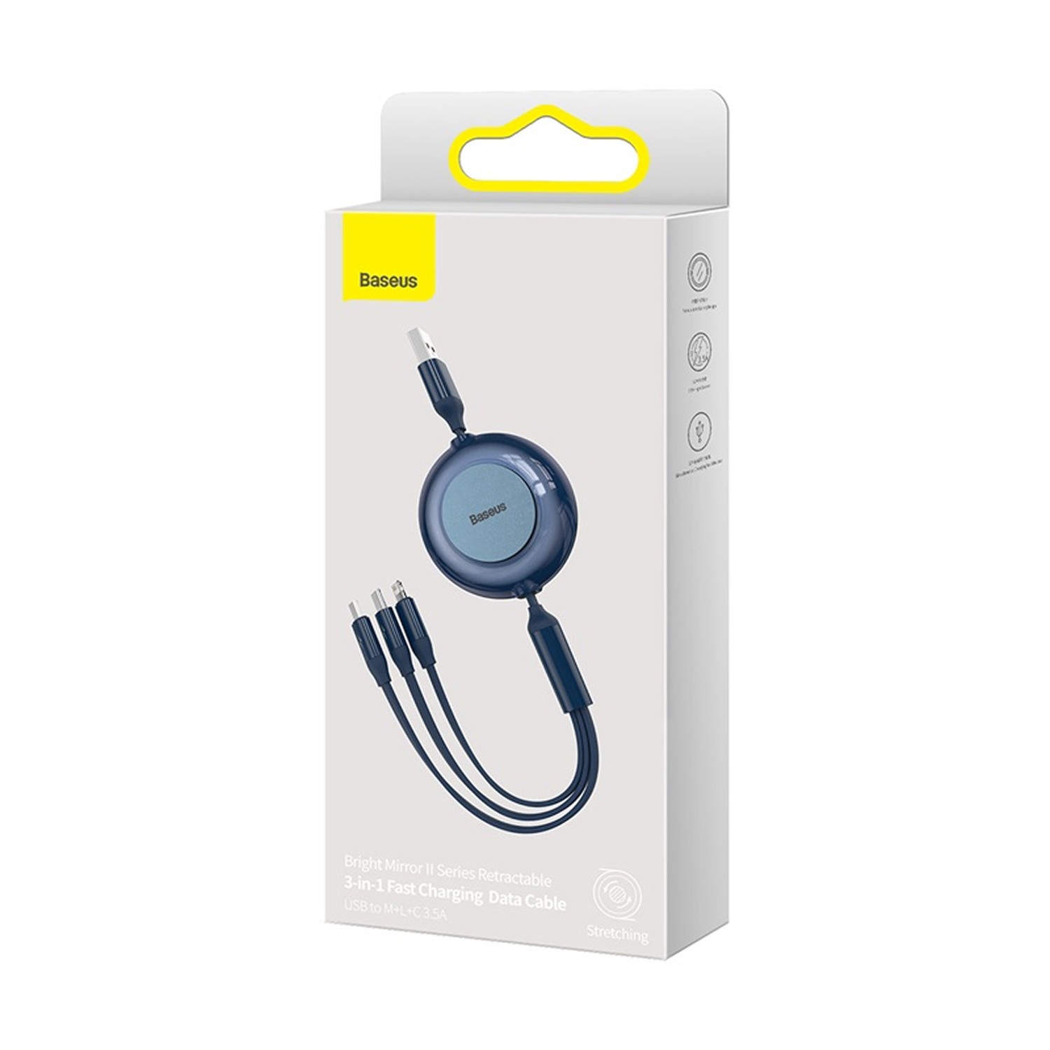 Se muestra un cable de datos de carga retráctil Baseus 3 en 1 en su embalaje. La caja es blanca y se ve el cable.