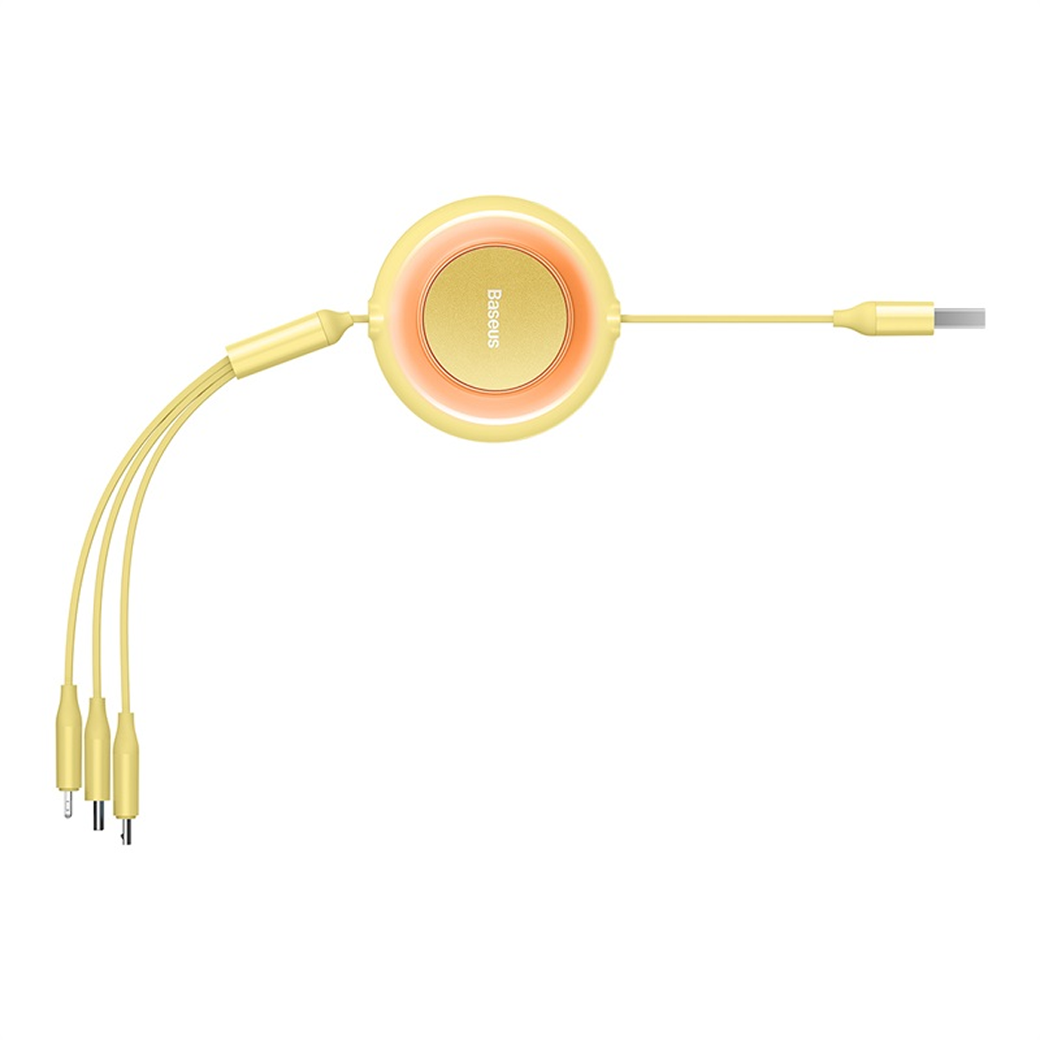 Un cable de carga retráctil Baseus amarillo. Tiene un conector USB-C y múltiples conectores. El fondo es blanco.