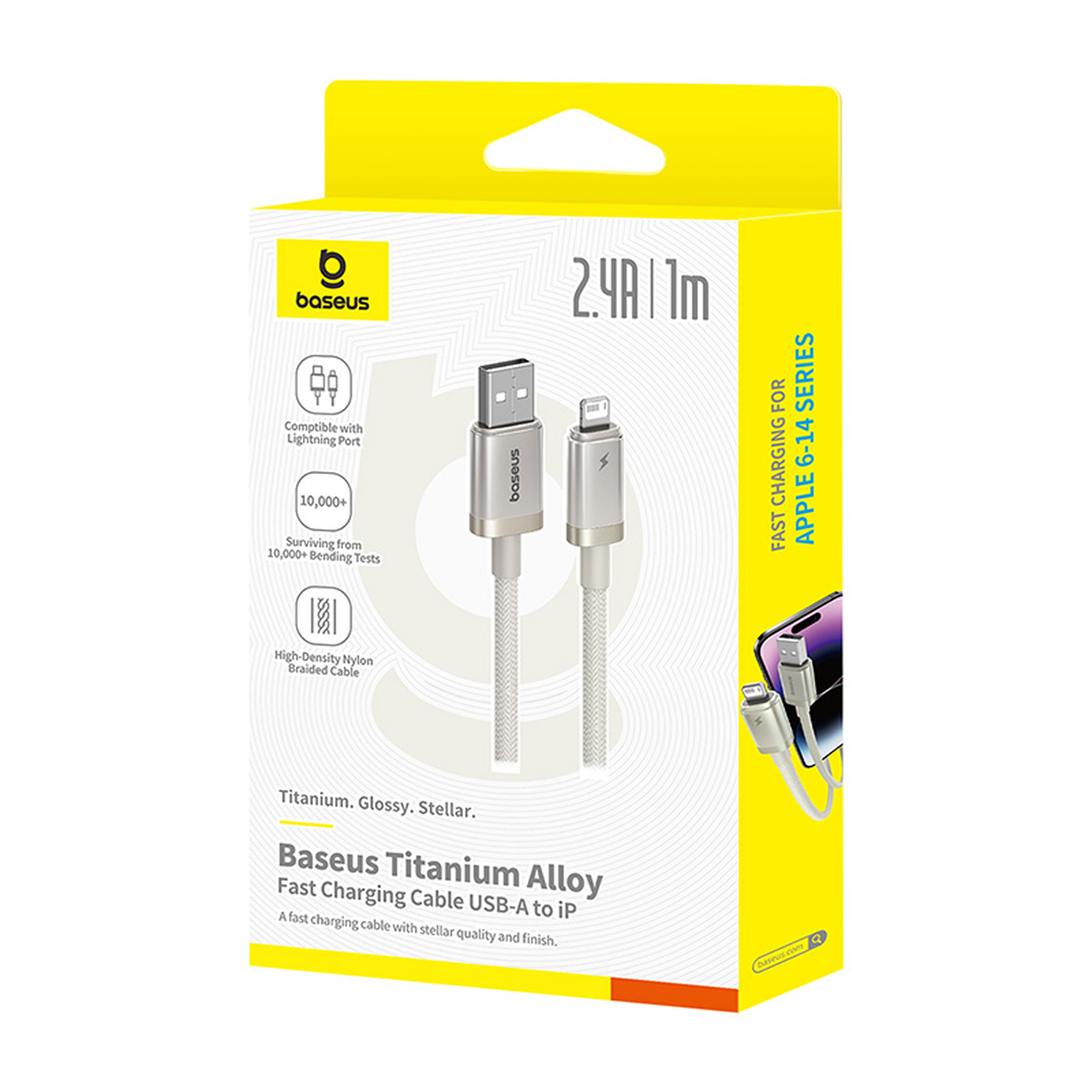 Caja de cable de carga Baseus. Tiene el logotipo de la marca, detalles del producto y una imagen del cable. La caja es amarilla y blanca.