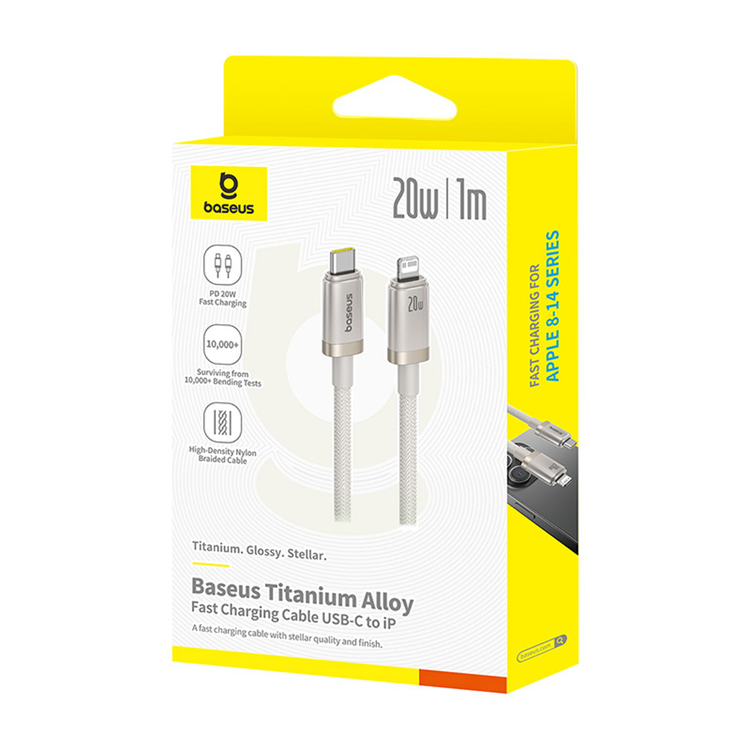 Caja de cable de carga Baseus. Es amarilla y blanca con el cable mostrado. Texto: Carga rápida, USB-C a iP, 20W y marca Baseus.