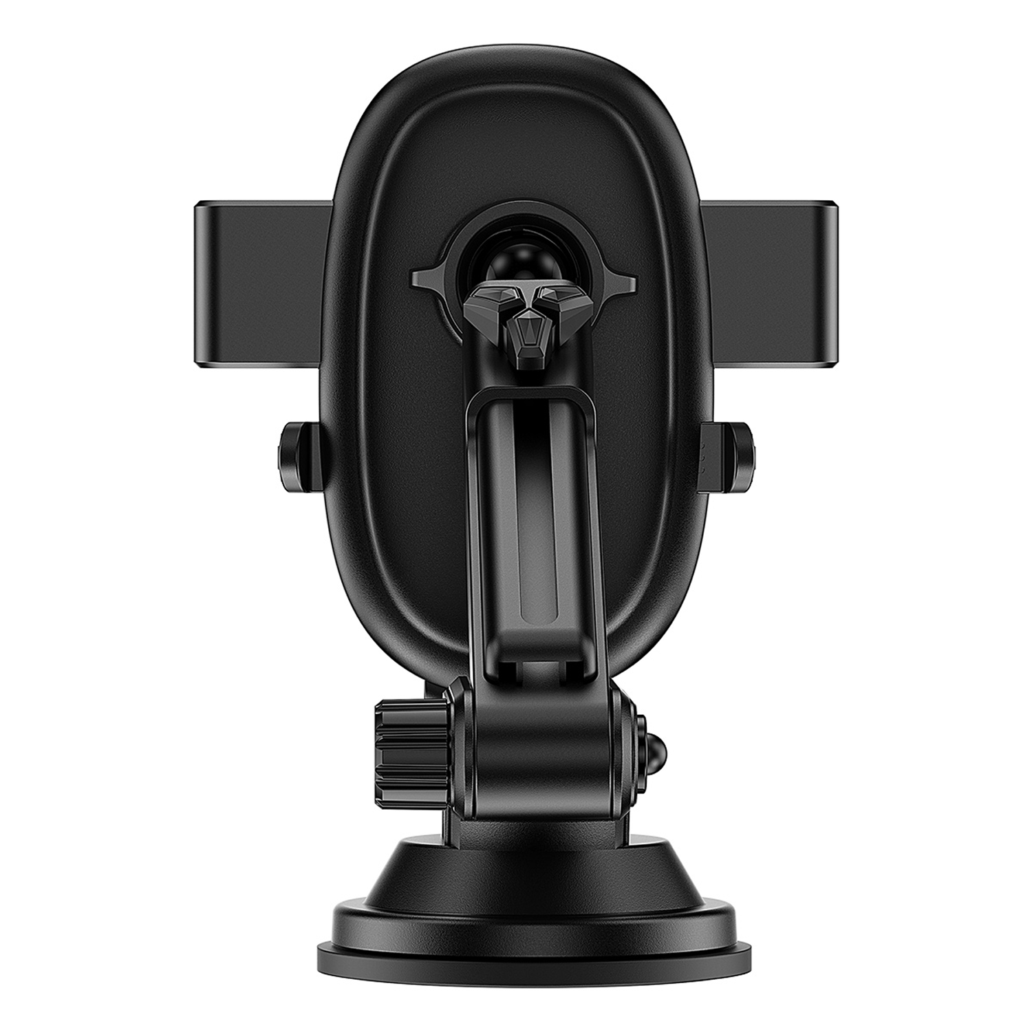 Un soporte negro para teléfono de coche sobre fondo blanco. Tiene base de ventosa, brazo ajustable y brazos de agarre.