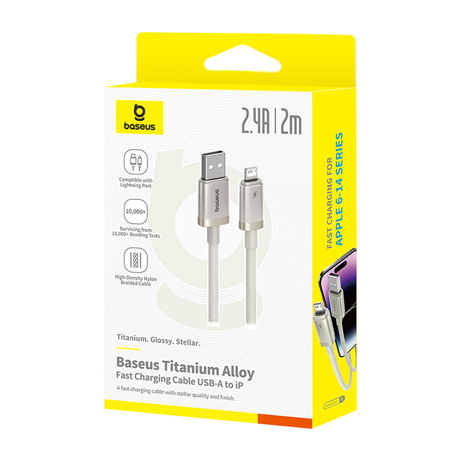 Cable de carga Baseus Titanium Alloy en caja amarilla. USB-A a iP, 2.4A, 2m, compatible con Apple 6-14 series.