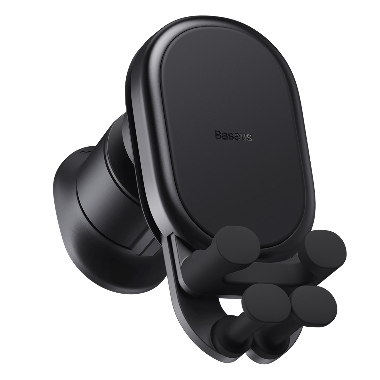 Un soporte negro para teléfono de coche, marca 'Baseus'. Tiene una parte trasera curvada y cuatro brazos circulares para sujetar el teléfono, todo sobre fondo blanco.