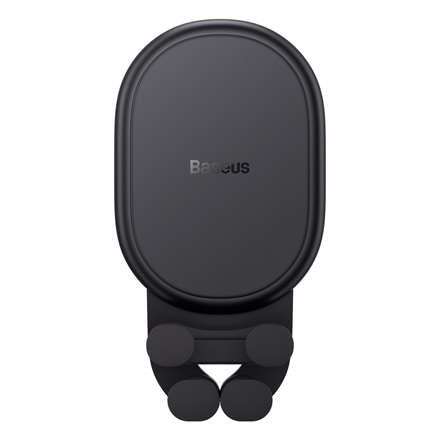 Un soporte para teléfono de coche Baseus negro. Tiene una parte superior ovalada con el nombre de la marca y un clip con cuatro soportes circulares.