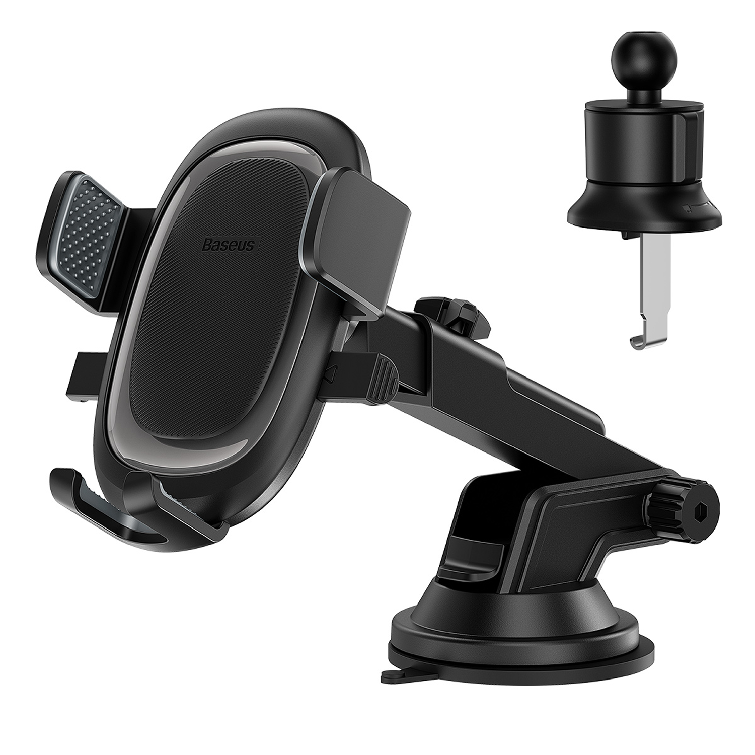 Soporte negro para teléfono de coche con ventosa y clip para ventilación. Marca 'Baseus' visible. Brazos ajustables y rótula.