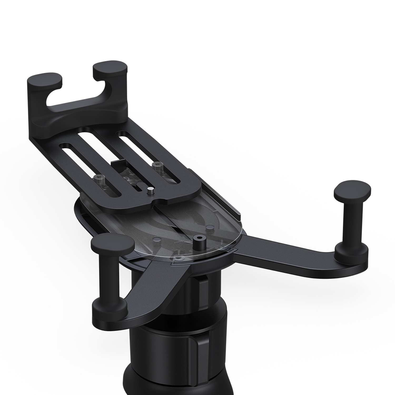 Un soporte para teléfono negro con múltiples brazos y una base. El soporte presenta una serie de soportes curvos y una pieza central de plástico transparente.