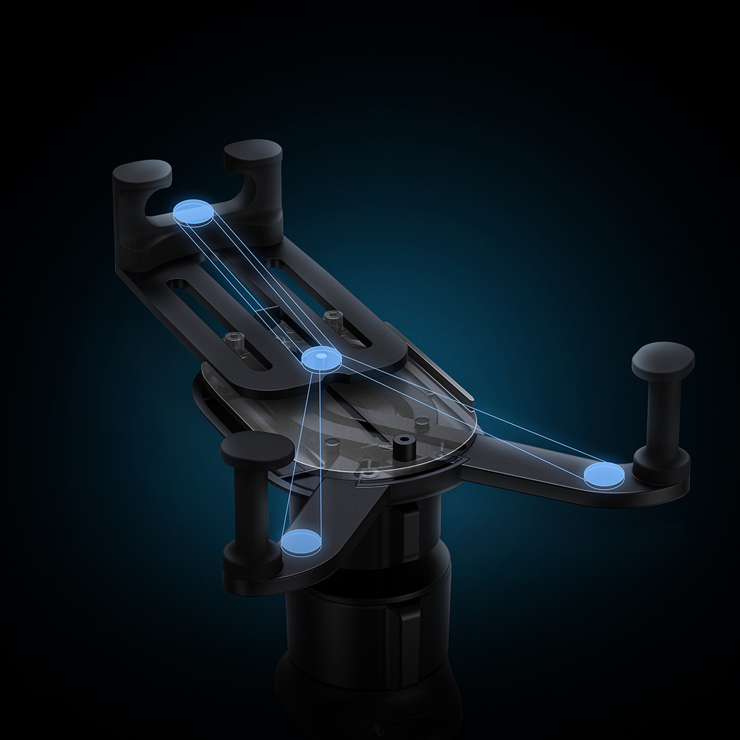 Soporte negro para teléfono con puntos de conexión azules resaltados. El soporte está sobre un soporte negro sobre fondo azul oscuro.