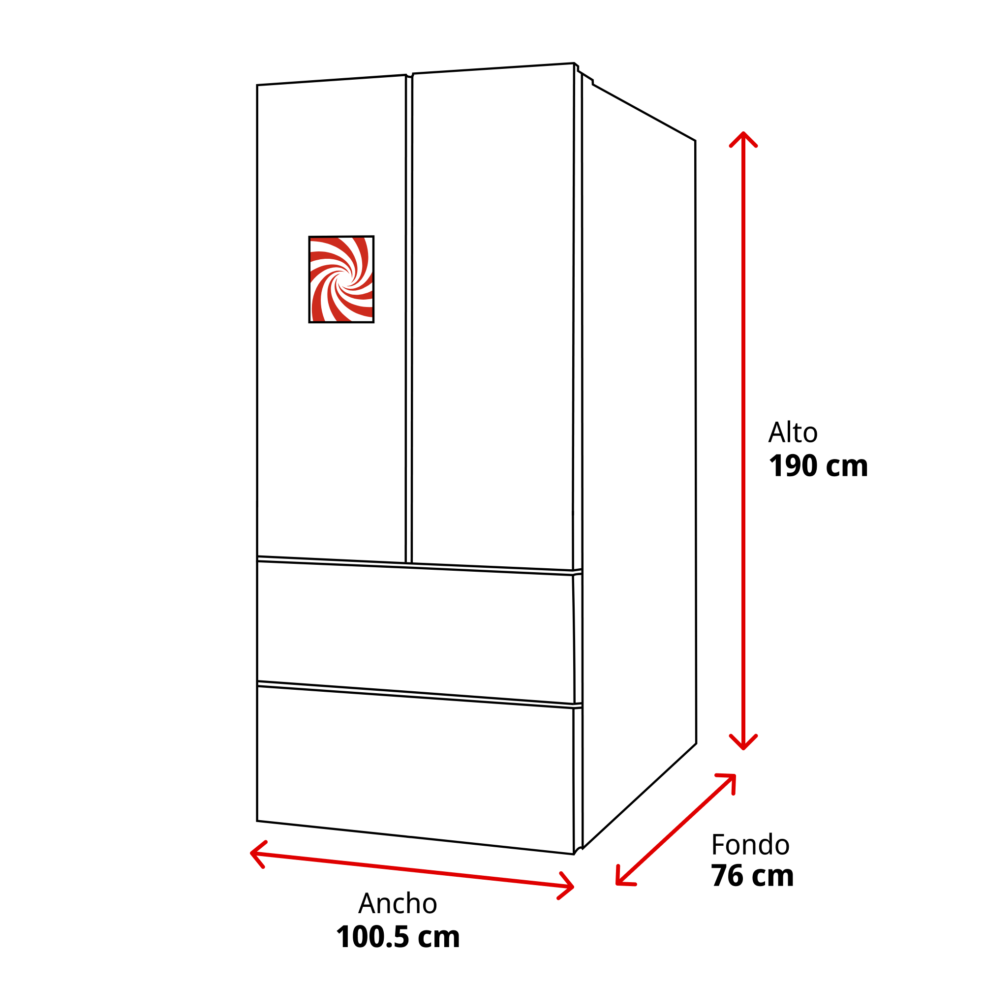 Un refrigerador blanco con dimensiones y un logo espiral rojo y blanco en la puerta.