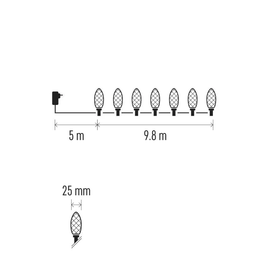 A fényfüzér diagramja. A méreteket mutatja: 5 m, 9,8 m és 25 mm. A lámpák ovális alakúak és össze vannak kötve.