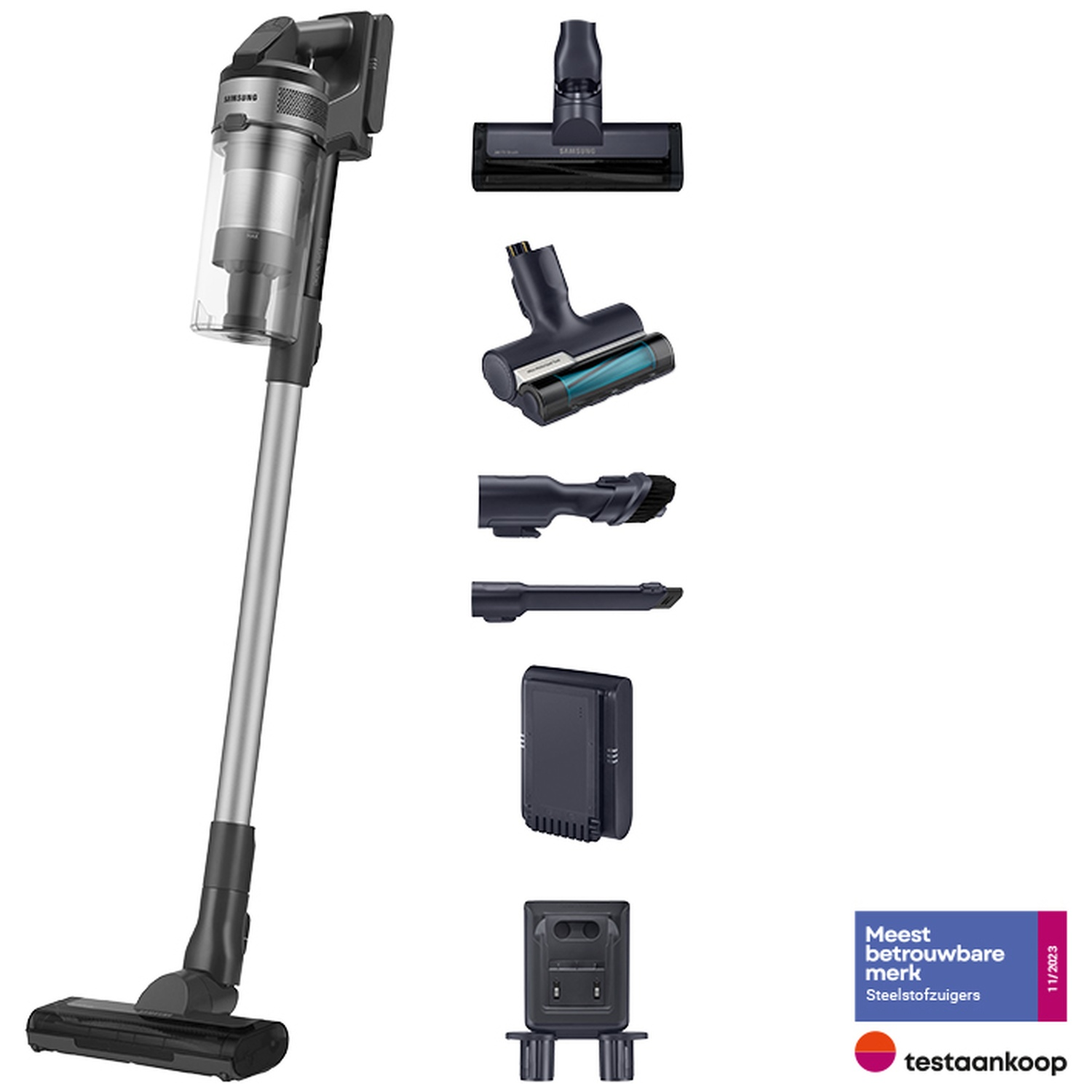 A Samsung cordless vacuum cleaner with various attachments. Includes a battery, charging dock, and a sticker indicating it's a reliable brand.