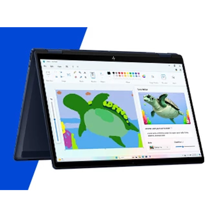 Ciemnoniebieski laptop z rysunkiem żółwia na ekranie. Ekran pokazuje program Paint z trwającym rysunkiem.