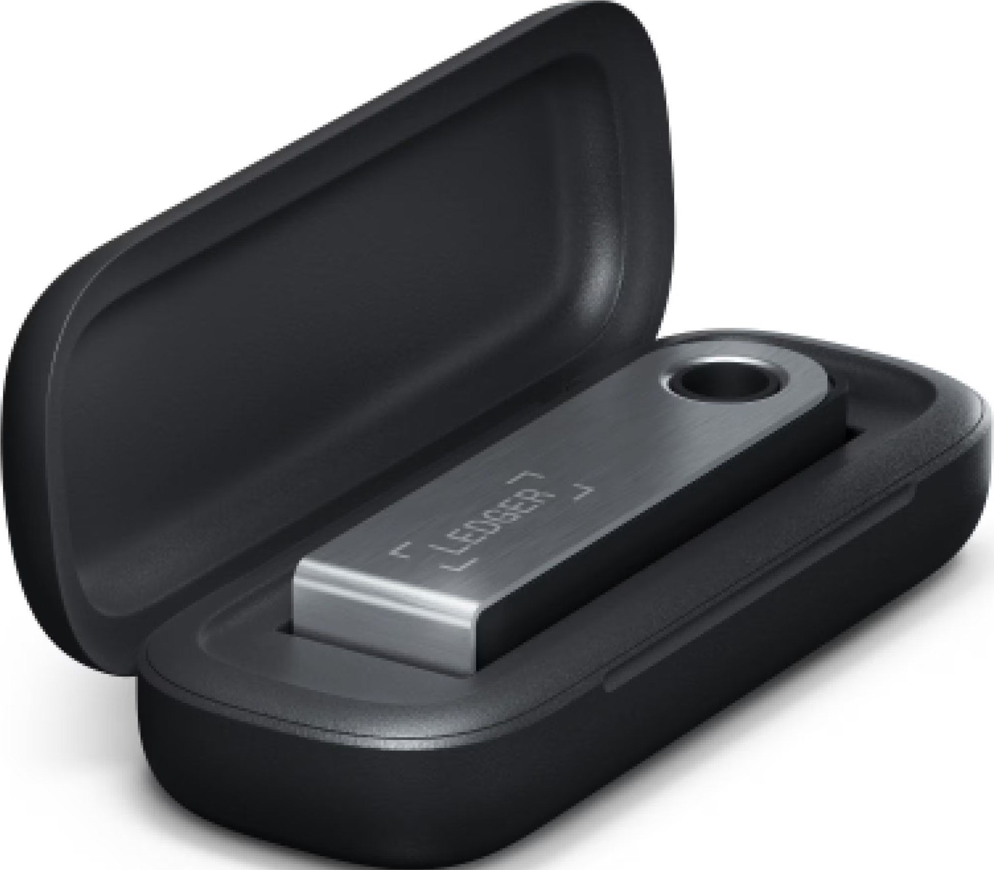 Ein Ledger Hardware-Wallet befindet sich in einem offenen, schwarzen Gehäuse. Das Gerät ist silberfarben mit dem Markennamen.