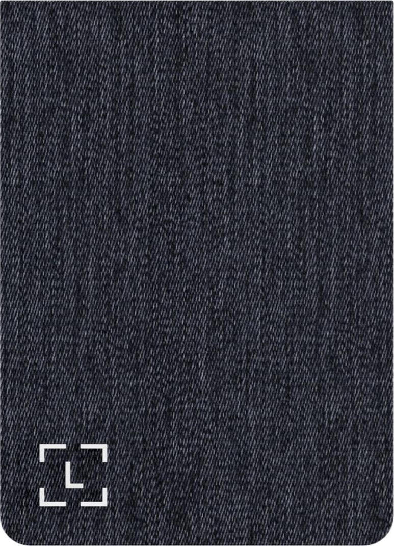 Dunkelblauer Denim-Textur-Hintergrund. Ein weißes quadratisches Symbol befindet sich unten links. Abgerundete Ecken.