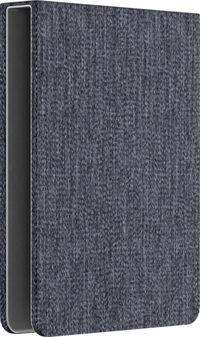 Nahaufnahme einer Buch- oder Tablet-Hülle. Der Einband ist ein strukturierter, dunkelgrauer Stoff. Der Rücken ist ebenfalls dunkelgrau.