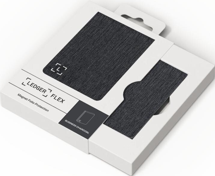 Eine weiße Schachtel mit einem dunkelgrauen Ledger Flex-Etui. Das Etui ist mit 'Business Charcoal' beschriftet. Die Schachtel hat einen Griff.