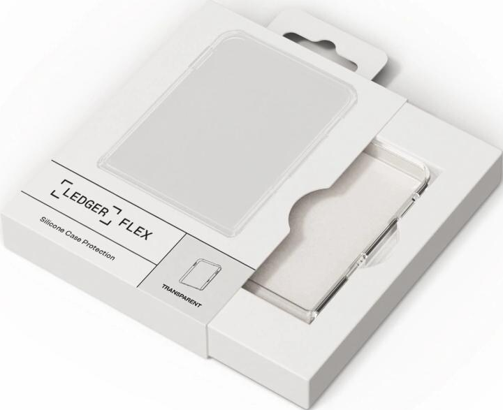 Eine weiße Schachtel mit einer durchsichtigen Handyhülle, beschriftet mit 'Ledger Flex'. Es ist ein Silikon-Schutz, transparent.