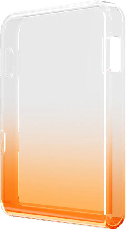 Eine durchsichtige Handyhülle mit einem orange-weißen Farbverlauf. Die Hülle hat Aussparungen für Tasten und einen Ladeanschluss.
