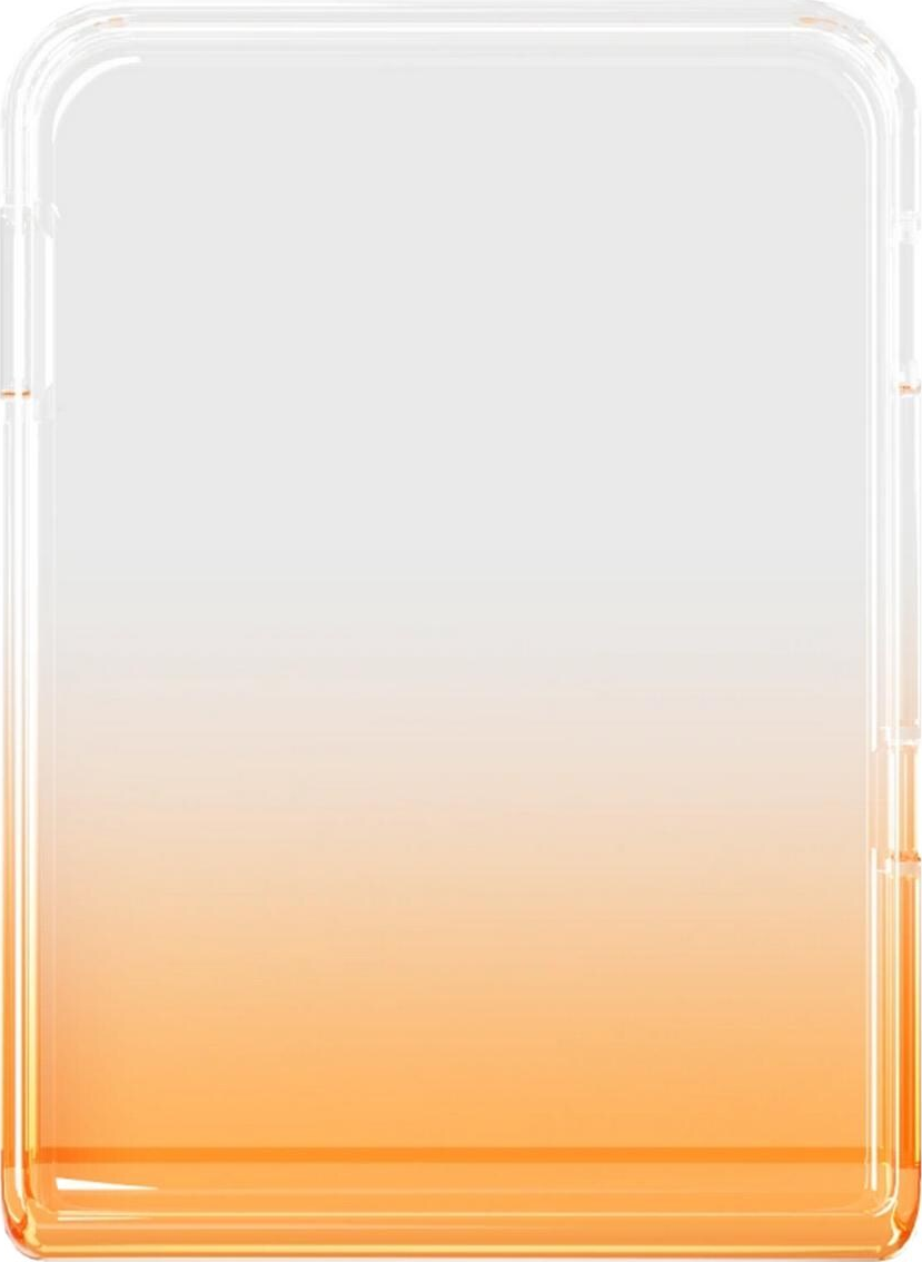 Eine transparente, rechteckige Handyhülle mit einem Farbverlauf von Orange nach Weiß. Die Hülle hat abgerundete Ecken und einen transparenten Rahmen.